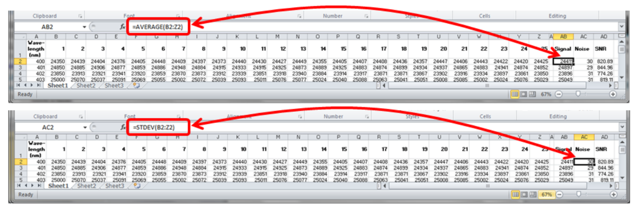 Example of calculation of Signal and Noise for 25 measurements in Excel